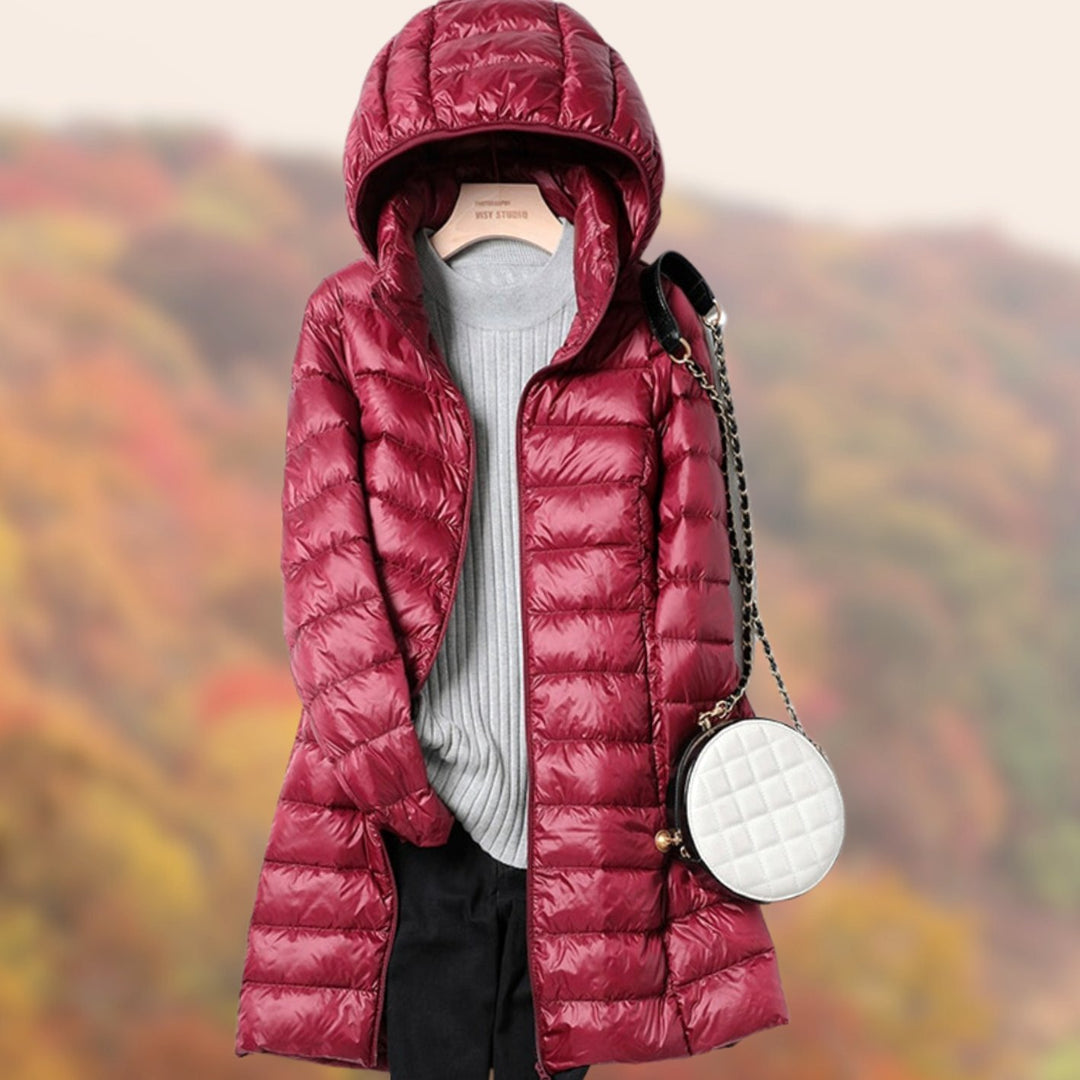 Women's Slim-Fit Hooded Zip-Up Longline Puffer Jacket - Burgundy
