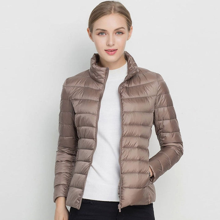 Women's Slim Fit Lightweight Puffer Winter Coat Stand Collar - Beige