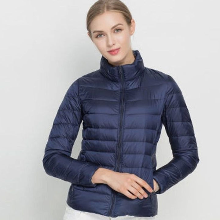 Women's Slim Fit Lightweight Puffer Winter Coat Stand Collar - Navy Blue