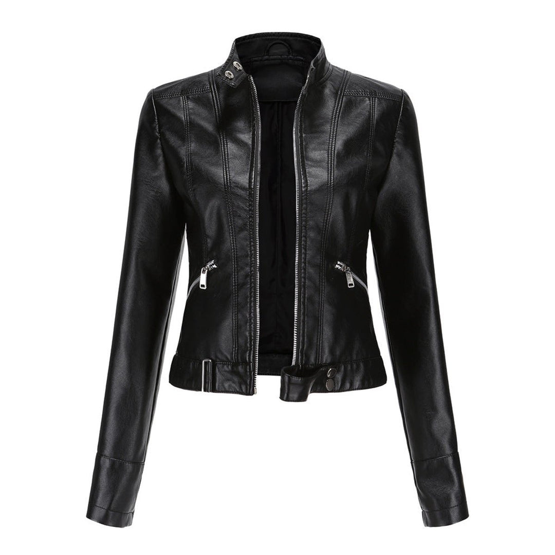 Women's Slim-Fit Moto Biker Faux Leather Jacket Stand Collar Zip-Up - Black