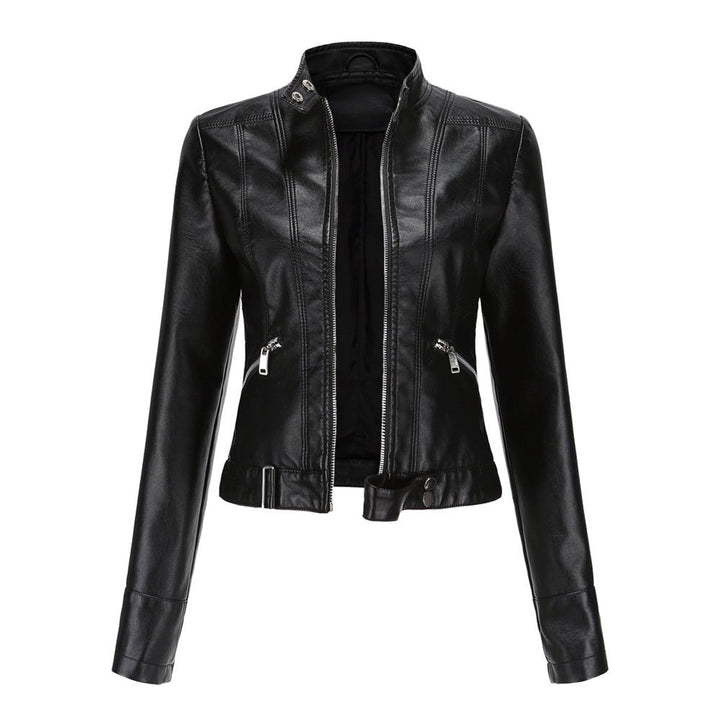 Women's Slim-Fit Moto Biker Faux Leather Jacket Stand Collar Zip-Up - Black