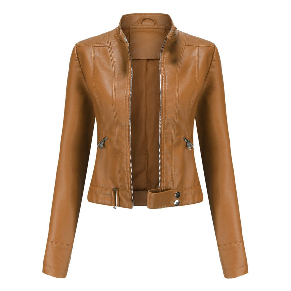 Women's Slim-Fit Moto Biker Faux Leather Jacket Stand Collar Zip-Up - Light Brown