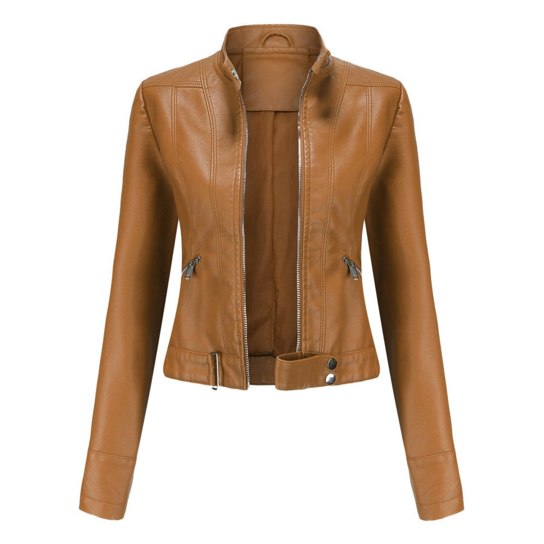 Women's Slim-Fit Moto Biker Faux Leather Jacket Stand Collar Zip-Up - Light Brown