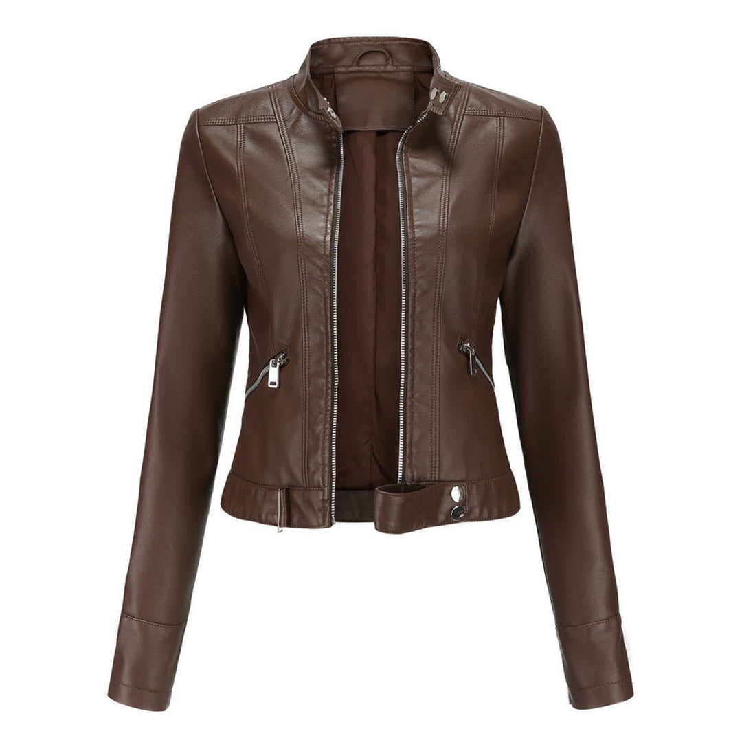 Women's Slim-Fit Moto Biker Faux Leather Jacket Stand Collar Zip-Up - Brown