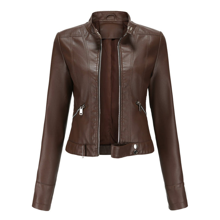 Women's Slim-Fit Moto Biker Faux Leather Jacket Stand Collar Zip-Up - Brown