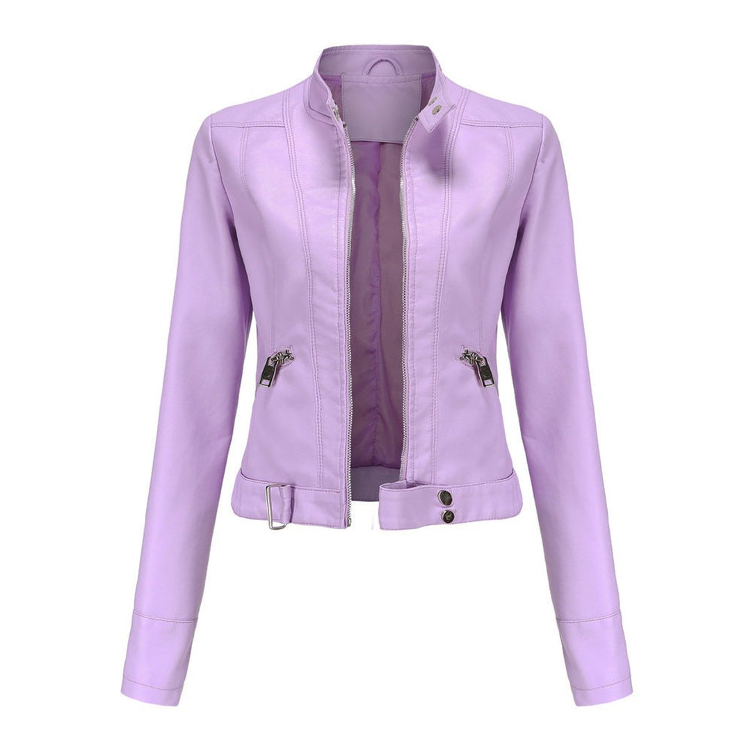 Women's Slim-Fit Moto Biker Faux Leather Jacket Stand Collar Zip-Up - Lilac