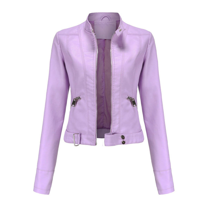 Women's Slim-Fit Moto Biker Faux Leather Jacket Stand Collar Zip-Up - Lilac
