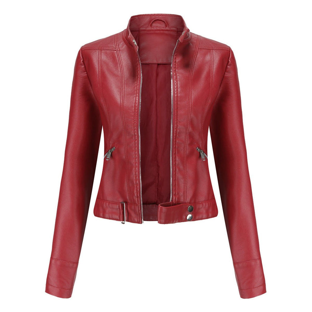 Women's Slim-Fit Moto Biker Faux Leather Jacket Stand Collar Zip-Up - Red