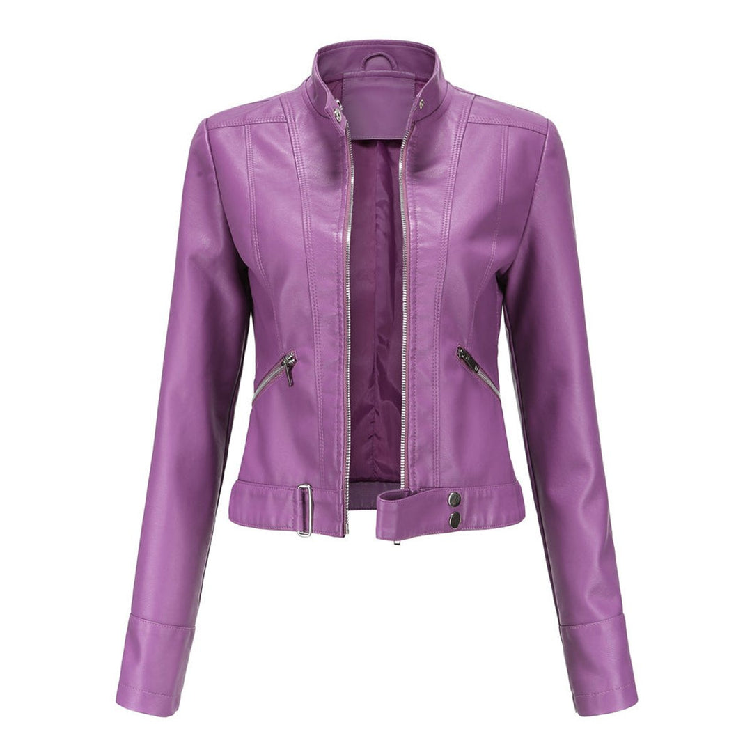 Women's Slim-Fit Moto Biker Faux Leather Jacket Stand Collar Zip-Up - Dark Violet