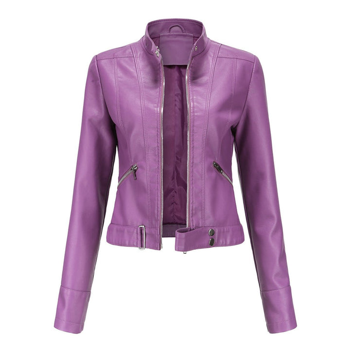 Women's Slim-Fit Moto Biker Faux Leather Jacket Stand Collar Zip-Up - Dark Violet