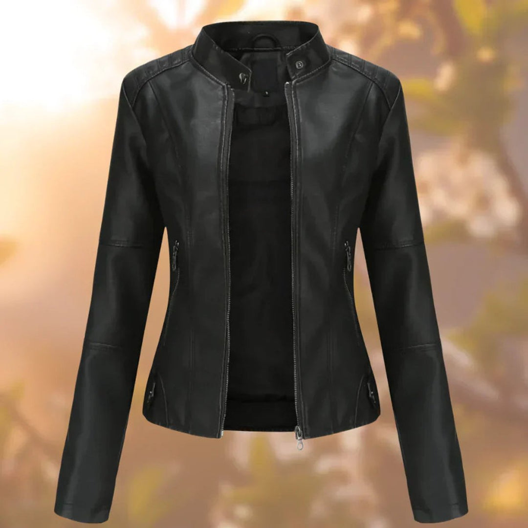 Women's Slim-Fit Stand-Collar Moto Faux Leather Jacket - Black