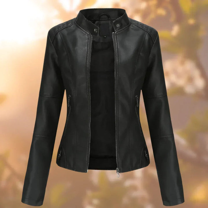 Women's Slim-Fit Stand-Collar Moto Faux Leather Jacket - Black