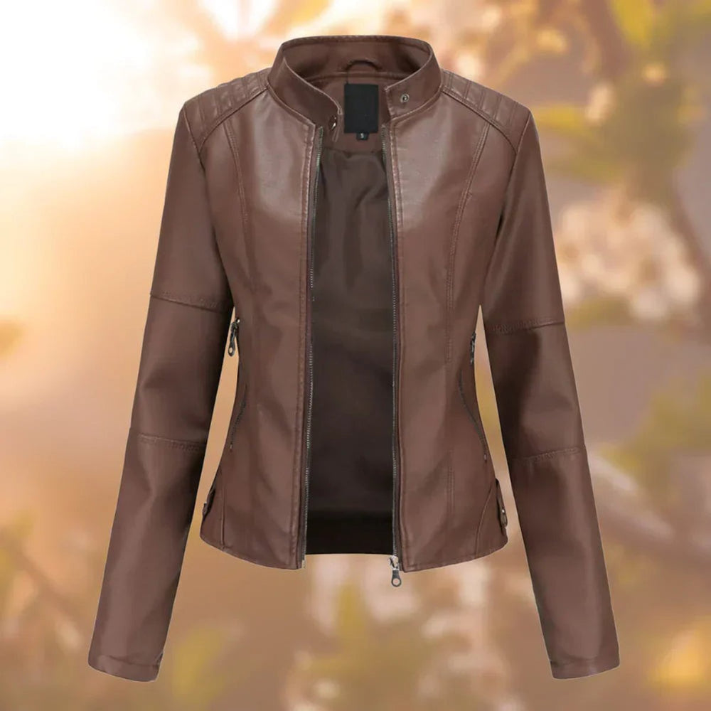 Women's Slim-Fit Stand-Collar Moto Faux Leather Jacket - Dark Brown