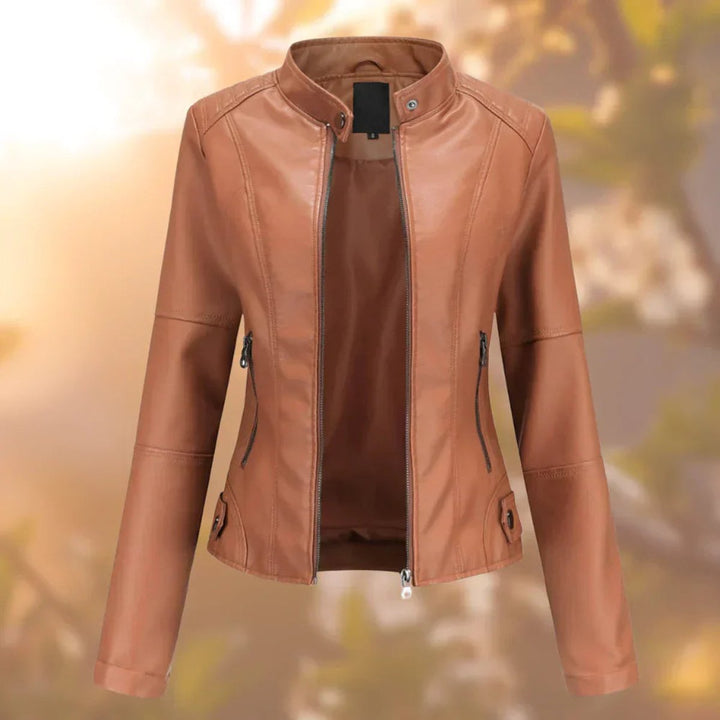 Women's Slim-Fit Stand-Collar Moto Faux Leather Jacket - Brown