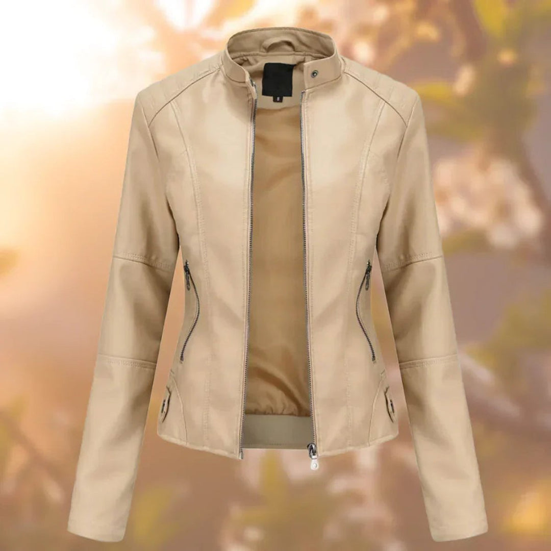 Women's Slim-Fit Stand-Collar Moto Faux Leather Jacket - Beige