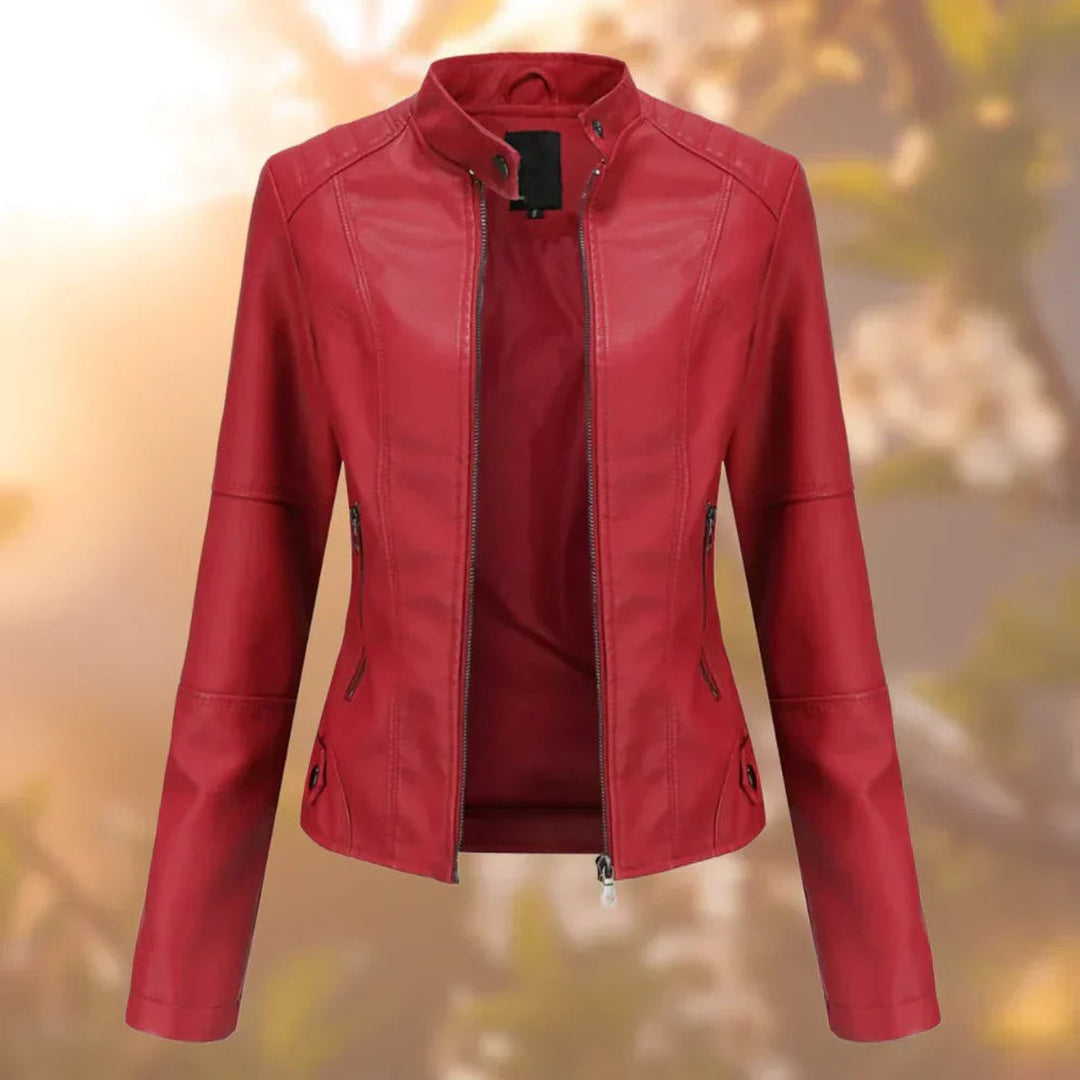 Women's Slim-Fit Stand-Collar Moto Faux Leather Jacket - Red
