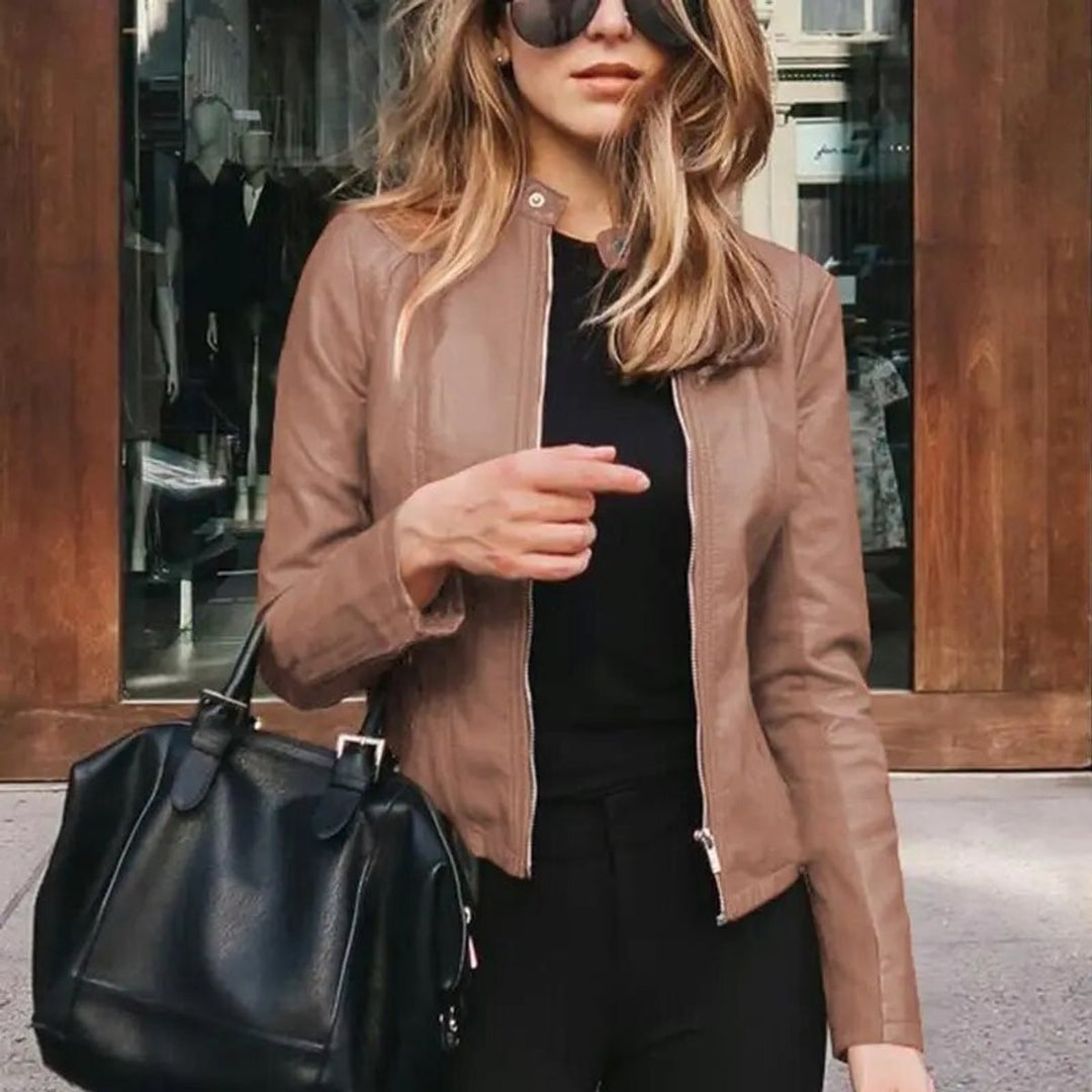 Women's Slim-Fit Zip-Up Faux Leather Jacket - Khaki