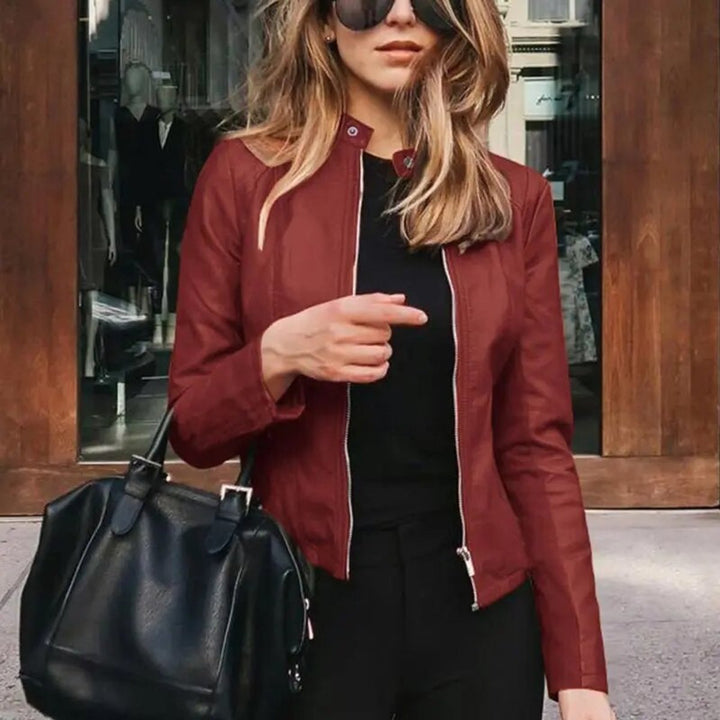 Women's Slim-Fit Zip-Up Faux Leather Jacket - Burgundy