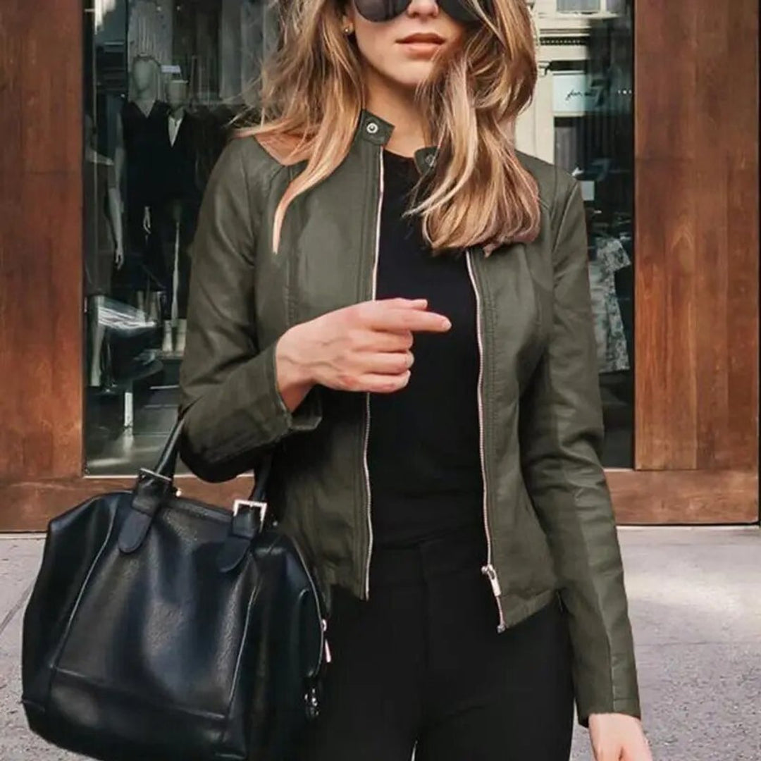 Women's Slim-Fit Zip-Up Faux Leather Jacket - Green Leather