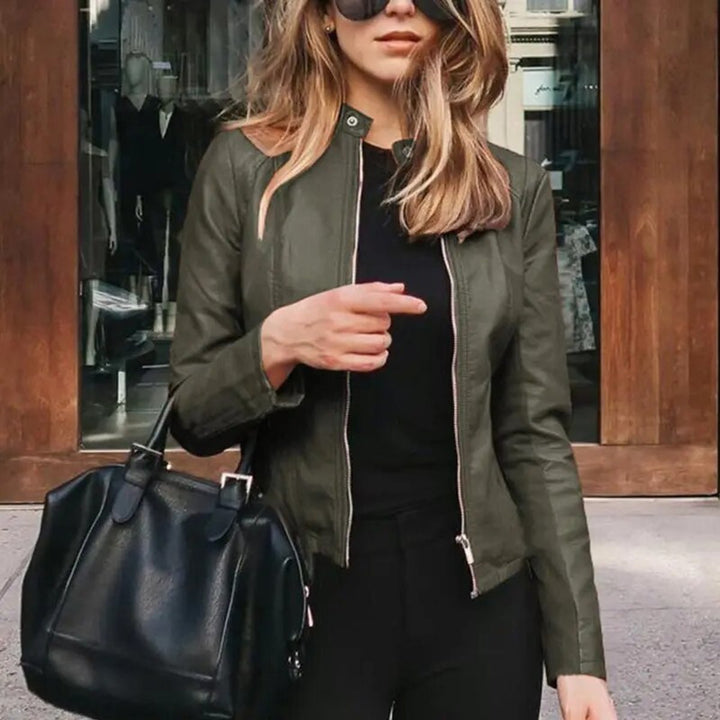 Women's Slim-Fit Zip-Up Faux Leather Jacket - Green Leather