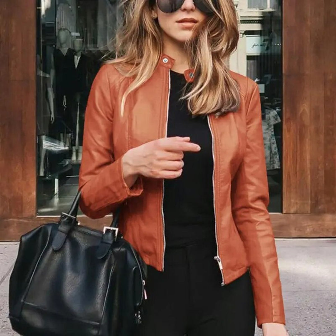 Women's Slim-Fit Zip-Up Faux Leather Jacket - Orange