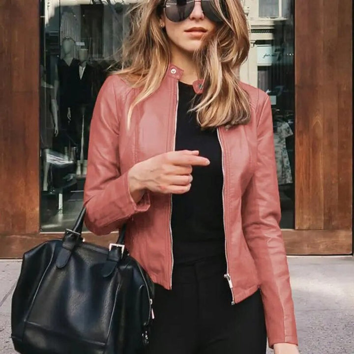 Women's Slim-Fit Zip-Up Faux Leather Jacket - Pink
