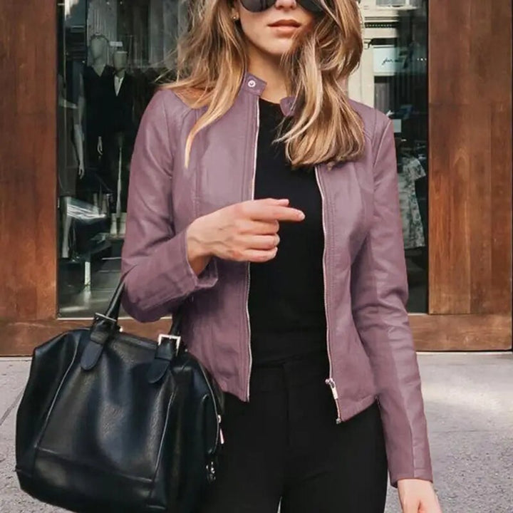 Women's Slim-Fit Zip-Up Faux Leather Jacket - Lavender