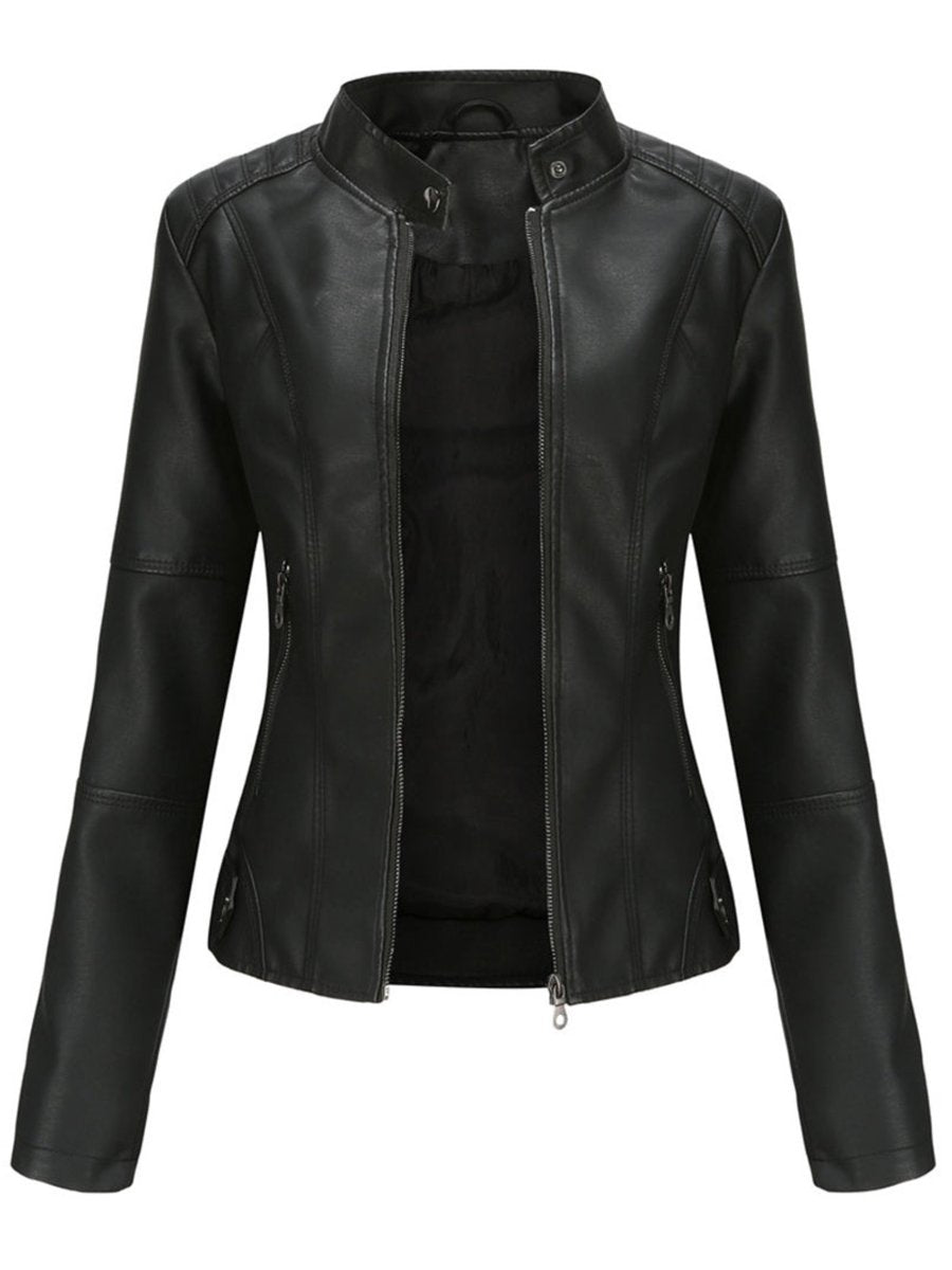 Women's Slim-Fit Zip-Up Faux Leather Jacket Moto Biker Style - Black