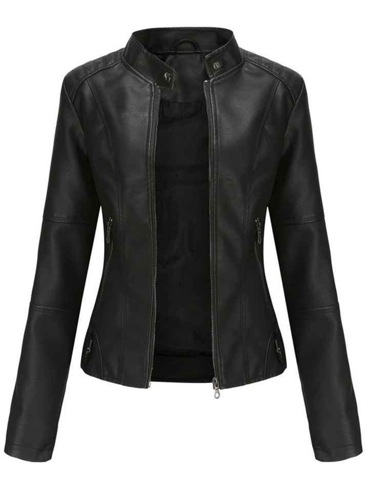 Women's Slim-Fit Zip-Up Faux Leather Jacket Moto Biker Style - Black