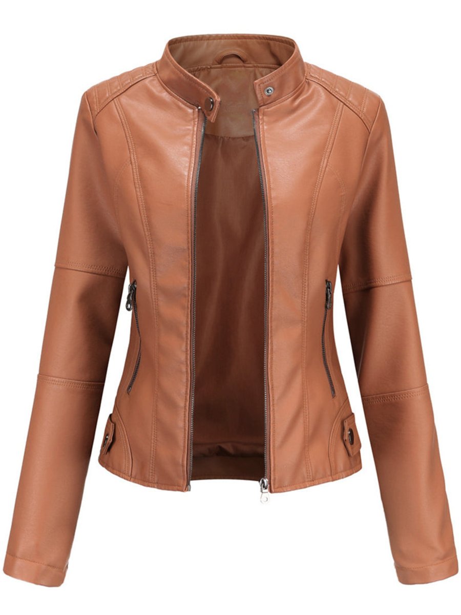 Women's Slim-Fit Zip-Up Faux Leather Jacket Moto Biker Style - Brown