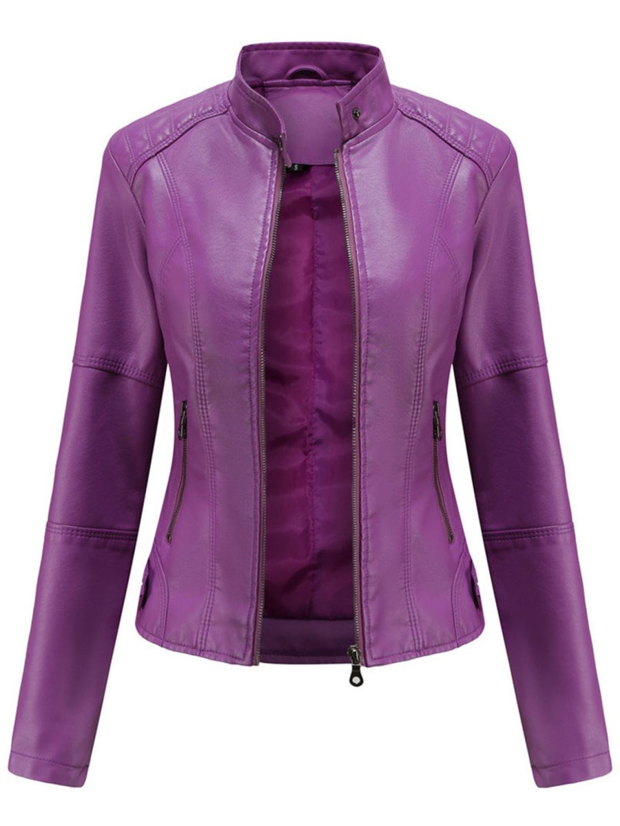 Women's Slim-Fit Zip-Up Faux Leather Jacket Moto Biker Style - Lilac