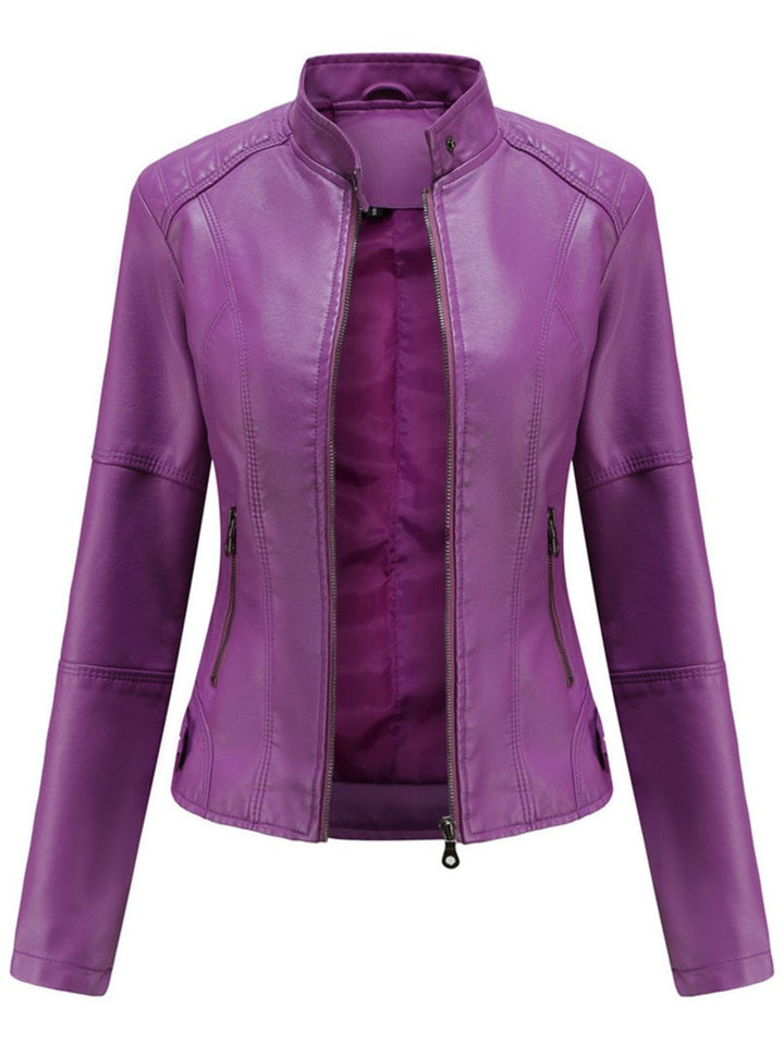 Women's Slim-Fit Zip-Up Faux Leather Jacket Moto Biker Style - Lilac