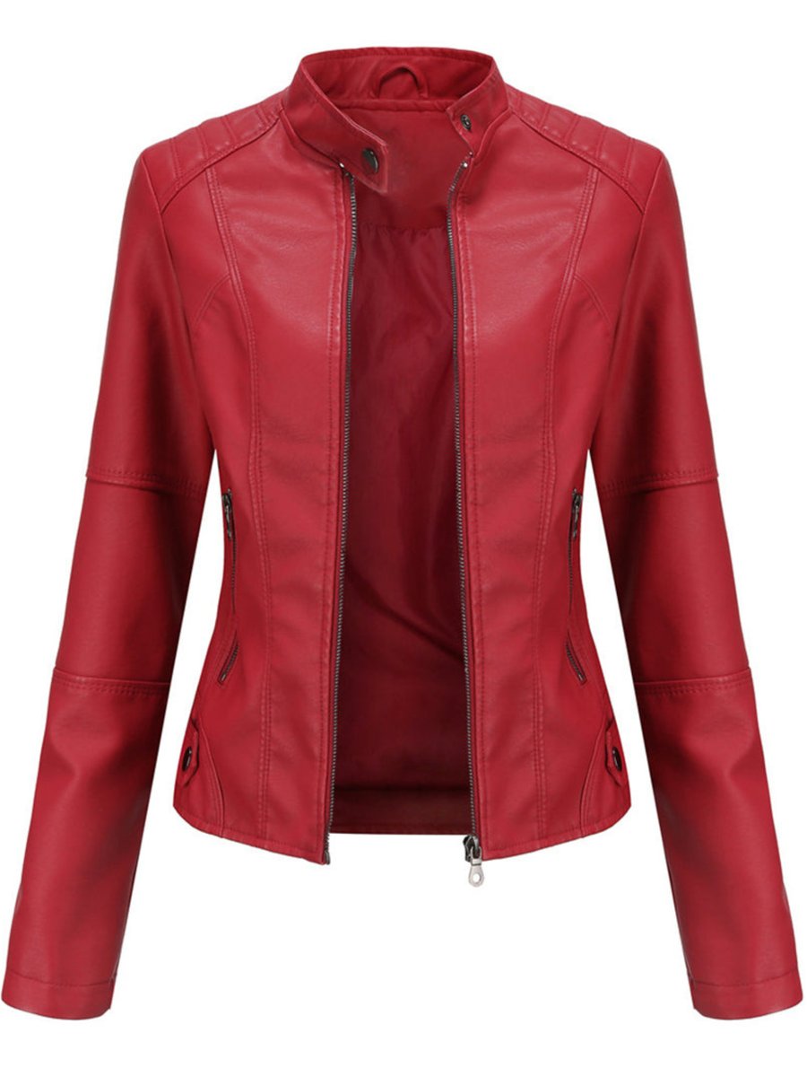 Women's Slim-Fit Zip-Up Faux Leather Jacket Moto Biker Style - Red