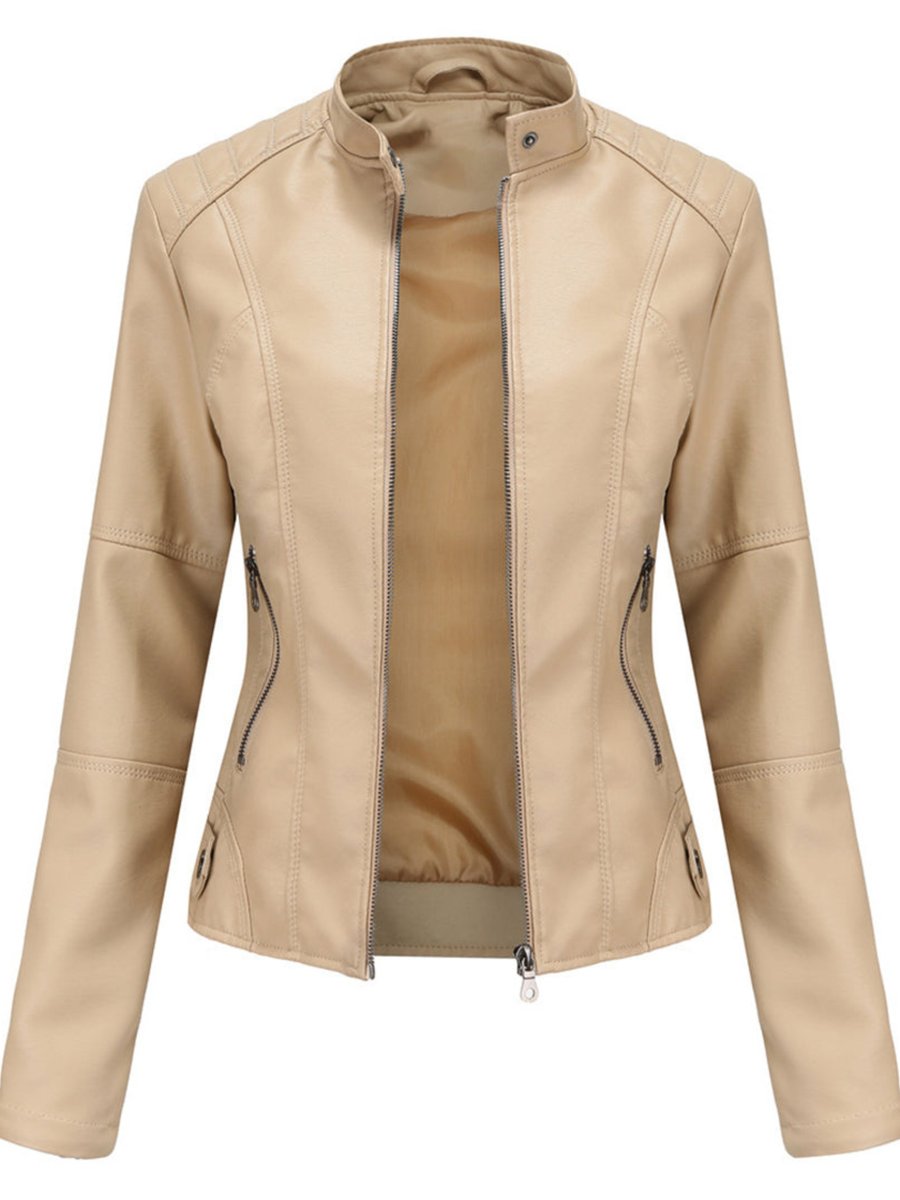 Women's Slim-Fit Zip-Up Faux Leather Jacket Moto Biker Style - Beige