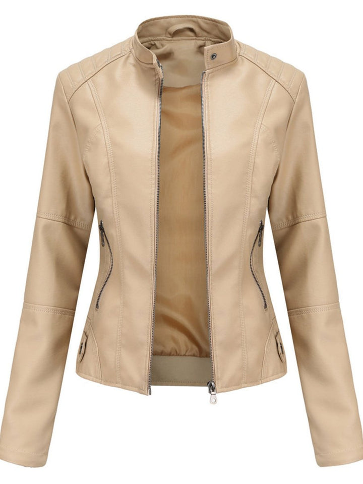 Women's Slim-Fit Zip-Up Faux Leather Jacket Moto Biker Style - Beige