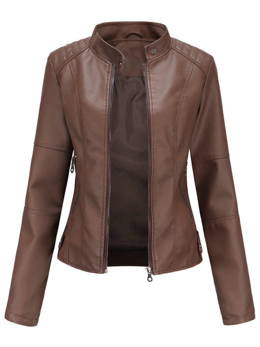 Women's Slim-Fit Zip-Up Faux Leather Jacket Moto Biker Style - Dark Brown