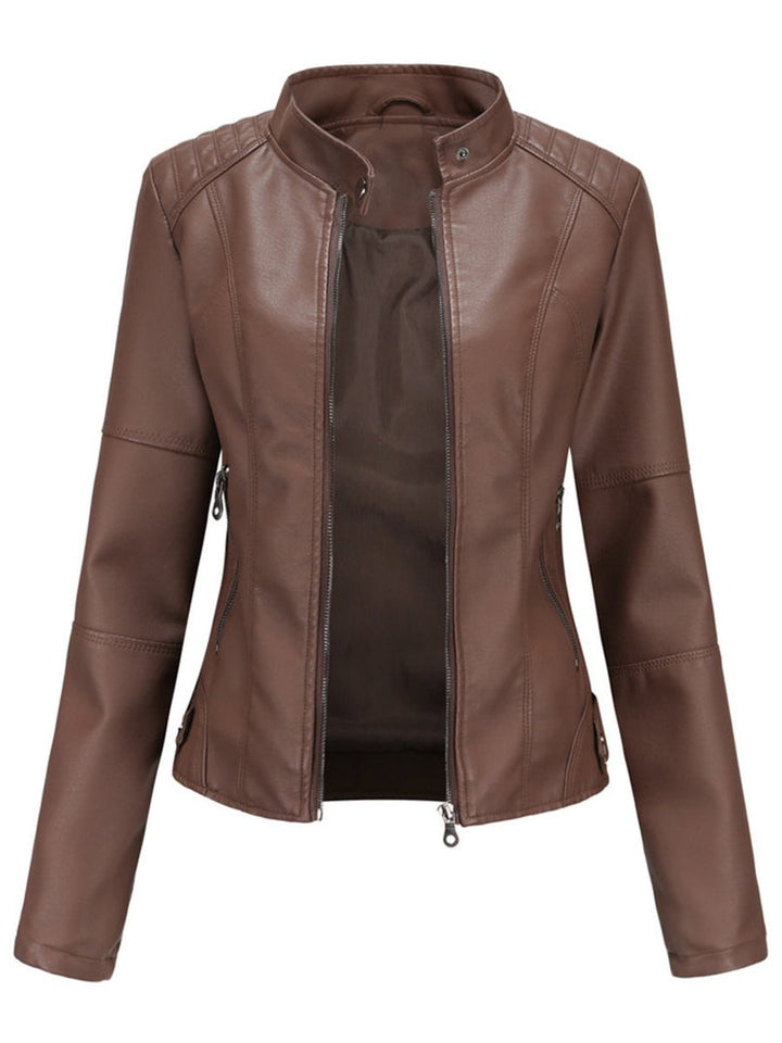 Women's Slim-Fit Zip-Up Faux Leather Jacket Moto Biker Style - Dark Brown