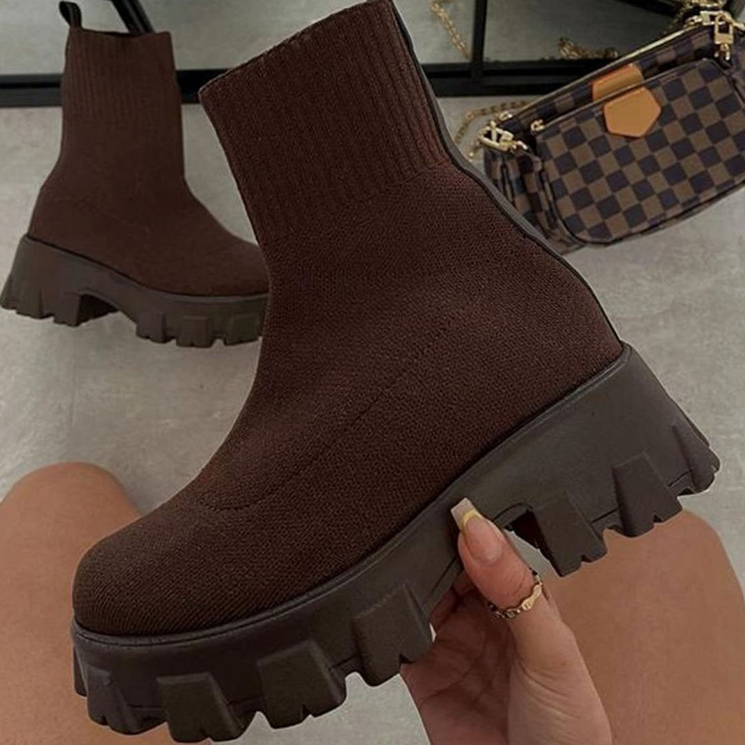 Women's Slip-On Sock-Fit Chunky Heel Boots Lug Sole - Brown