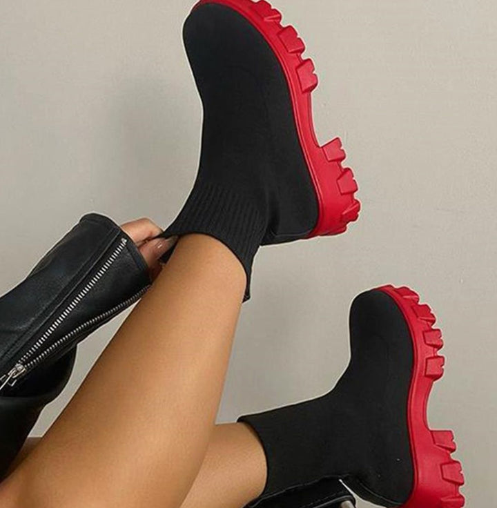 Women's Slip-On Sock-Fit Chunky Heel Boots Lug Sole - Black With Red Soles