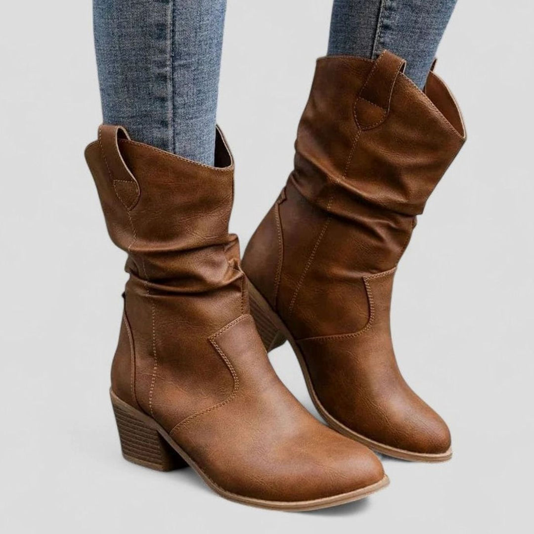 Women's Slouchy Block-Heel Mid-Calf Western Boots - Brown