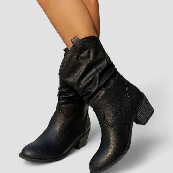 Women's Slouchy Block-Heel Mid-Calf Western Boots - Black