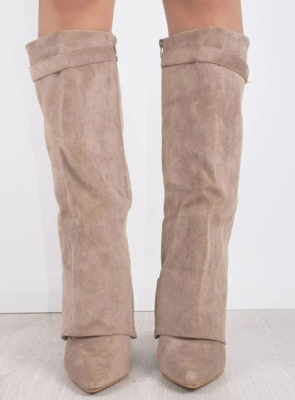 Women's Slouchy Fold-Over High Heel Boots Gold-Buckle Knee-High
