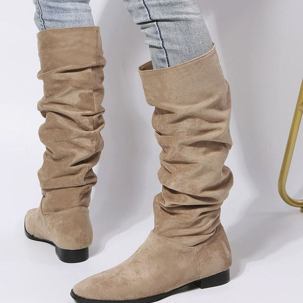 Women's Slouchy Knee-High Boots Block Heel Pointed Toe - Khaki