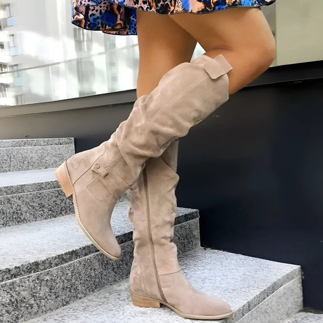 Women's Slouchy Over-the-Knee High Boots Flat Heel Suede - Beige
