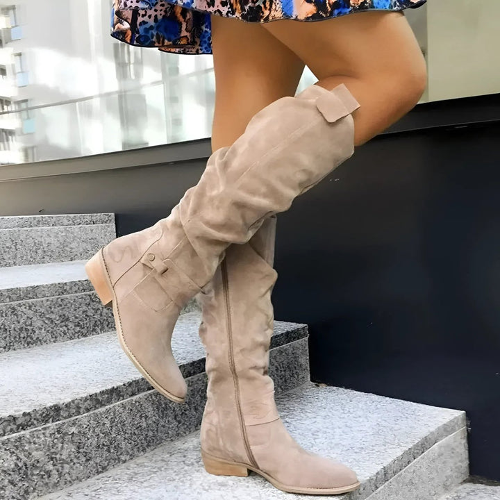 Women's Slouchy Over-the-Knee High Boots Flat Heel Suede - Beige