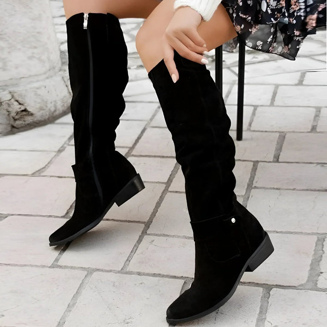 Women's Slouchy Over-the-Knee High Boots Flat Heel Suede - Black