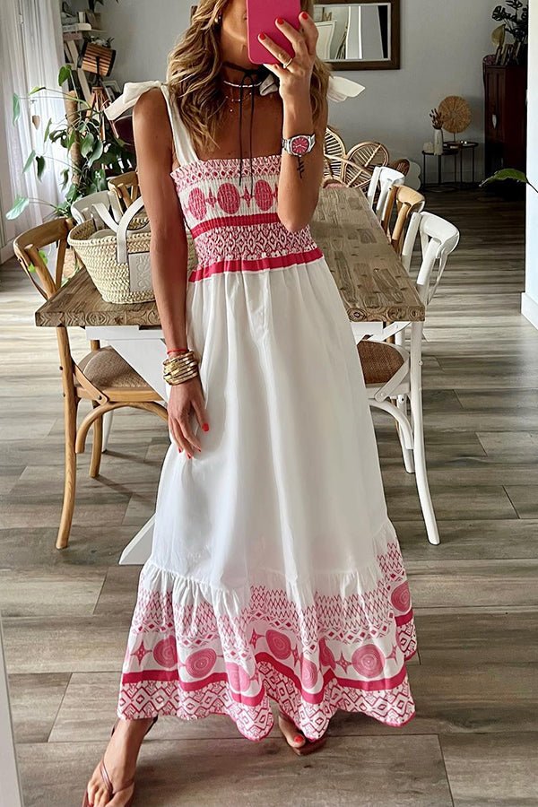 Women's Smocked Square-Neck Tie-Strap Boho Maxi Dress
