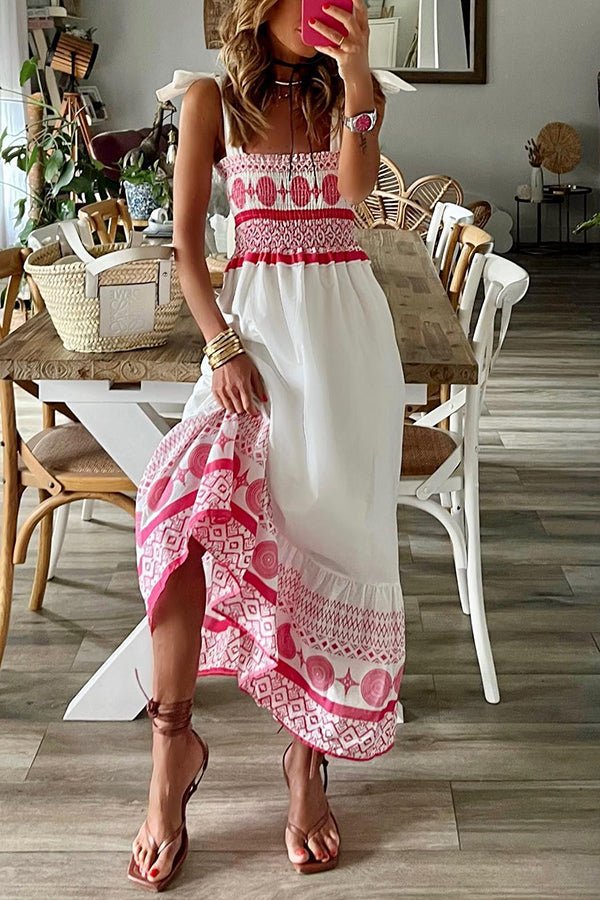 Women's Smocked Square-Neck Tie-Strap Boho Maxi Dress