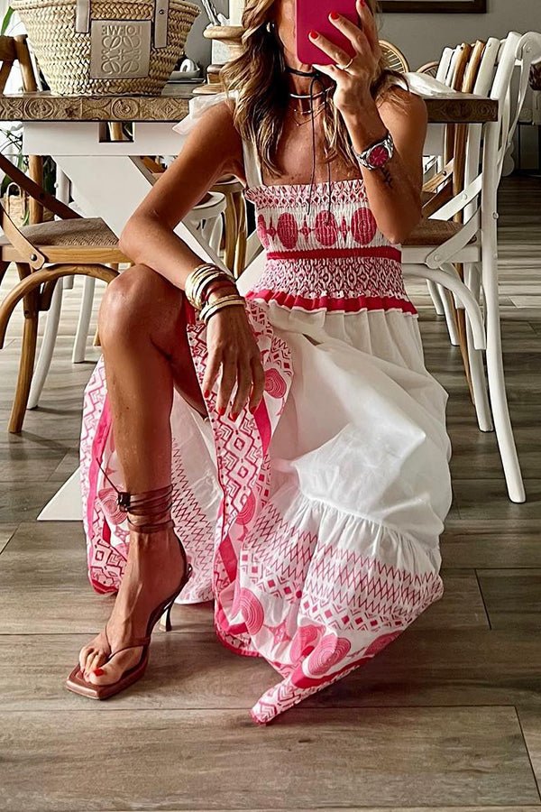 Women's Smocked Square-Neck Tie-Strap Boho Maxi Dress