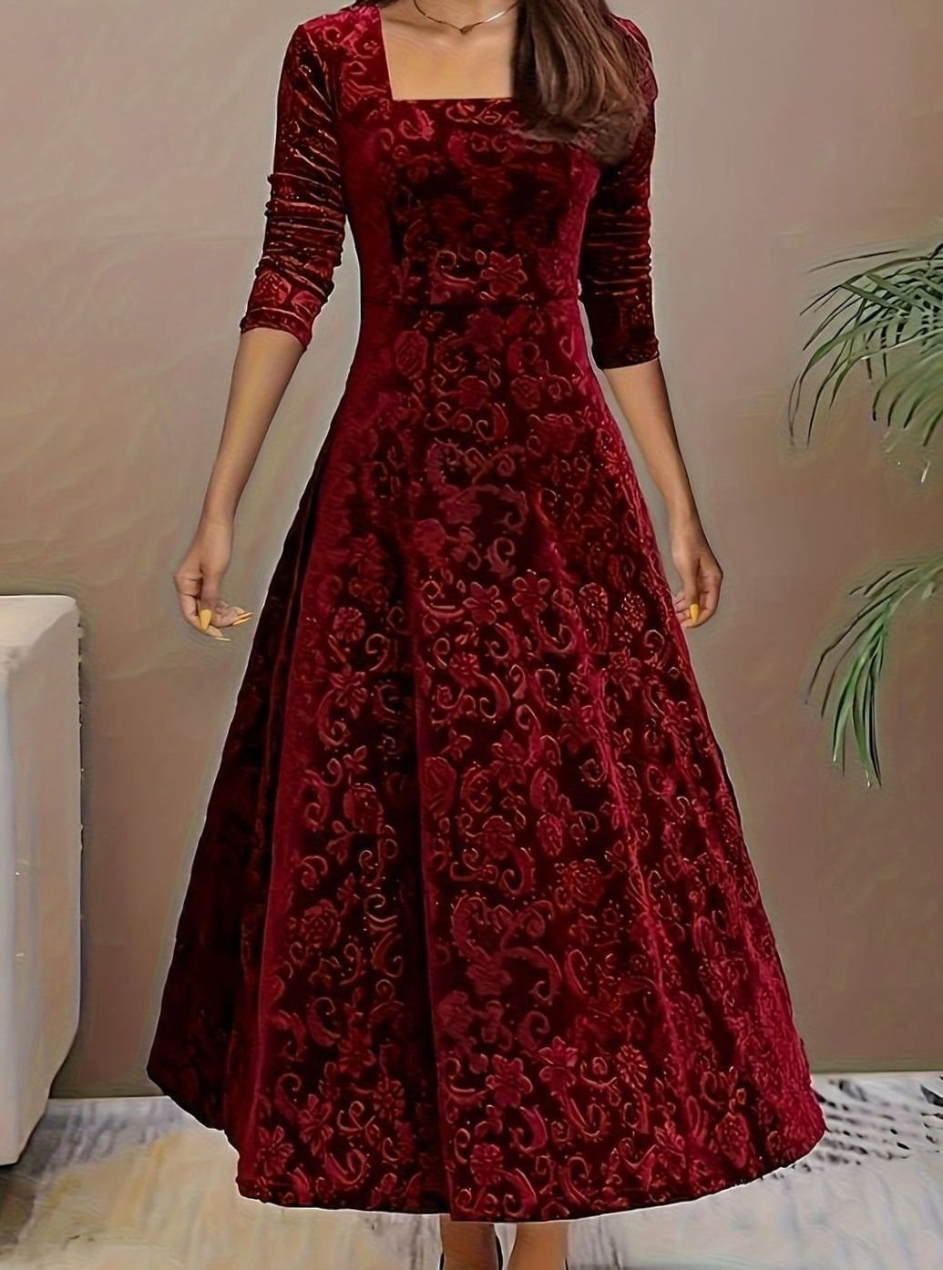 Women's Square Neck Velvet Embossed Floral A-Line Party Dress - Dark Red